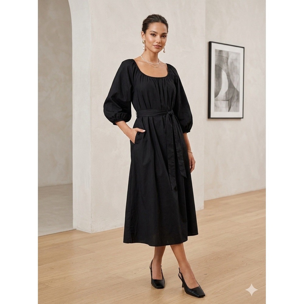 Frances Valentine Bliss Black Cotton Poplin Midi Dress S NWT Puff Sleeve